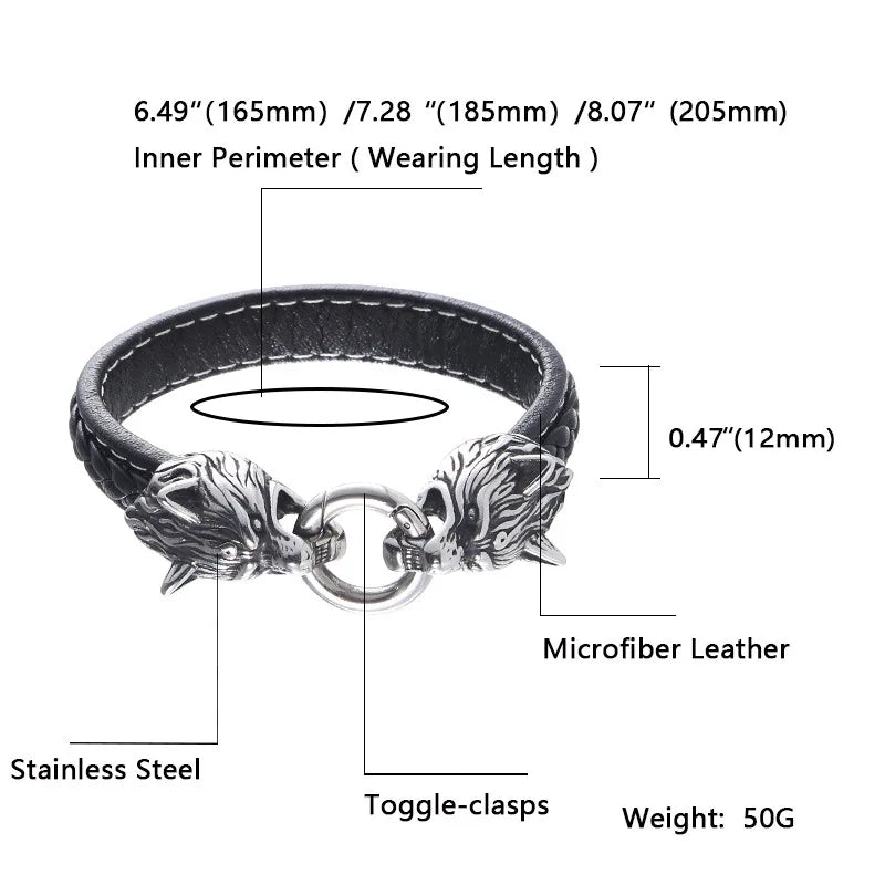 Viking Double Wolf Head Leather Bracelet