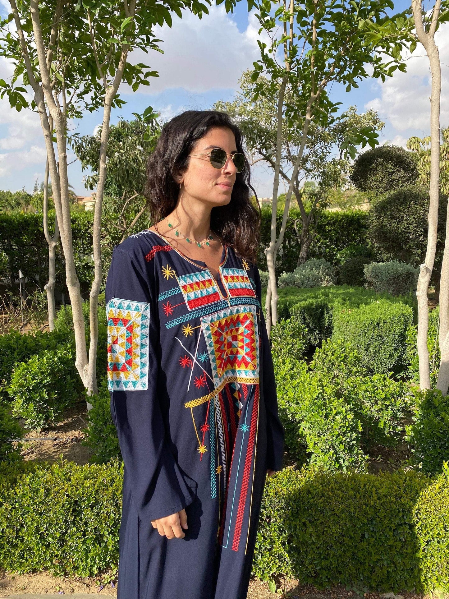 Egyptian Spring Long Sleeve Navy Blue Multicolor Embroidered Kaftan Ancient Treasures Ancientreasures Viking Odin Thor Mjolnir Celtic Ancient Egypt Norse Norse Mythology