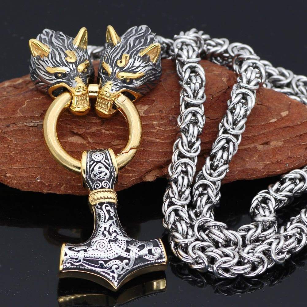 Pendants & Necklaces 50CM / 20 Inches / Gold & Silver Byzantine Stainless Steel Chain with Gold & Silver Wolf Head Mjolnir Ancient Treasures Ancientreasures Viking Odin Thor Mjolnir Celtic Ancient Egypt Norse Norse Mythology