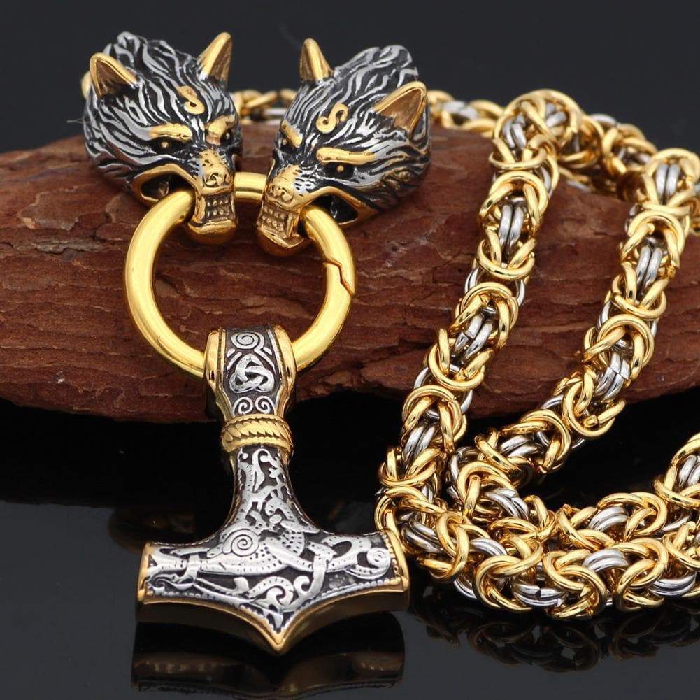 Pendants & Necklaces 50CM / 20 Inches / Gold & Silver Massive Byzantine Stainless Steel Handmade Chain Wolf Head Mjolnir Ancient Treasures Ancientreasures Viking Odin Thor Mjolnir Celtic Ancient Egypt Norse Norse Mythology