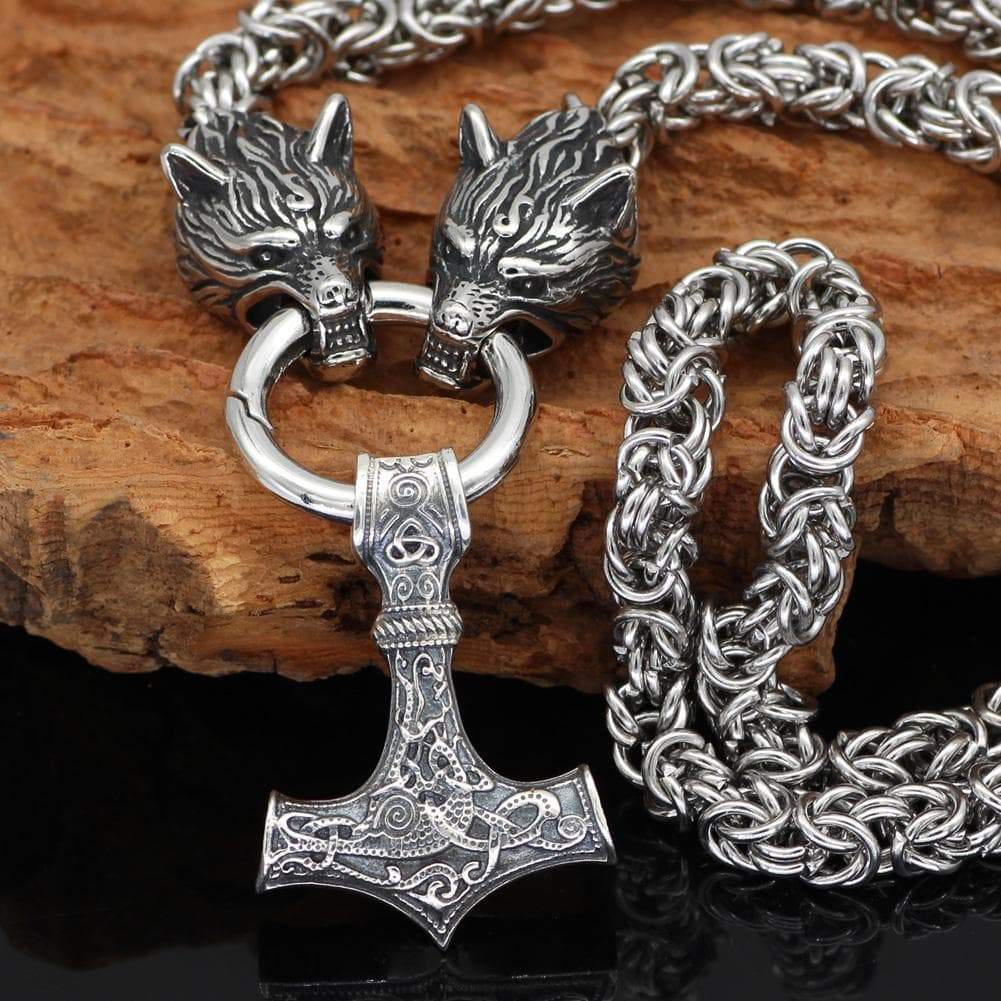 Pendants & Necklaces 50CM / 20 Inches Wolf Head Chain with Sterling Silver Mjolnir Ancient Treasures Ancientreasures Viking Odin Thor Mjolnir Celtic Ancient Egypt Norse Norse Mythology