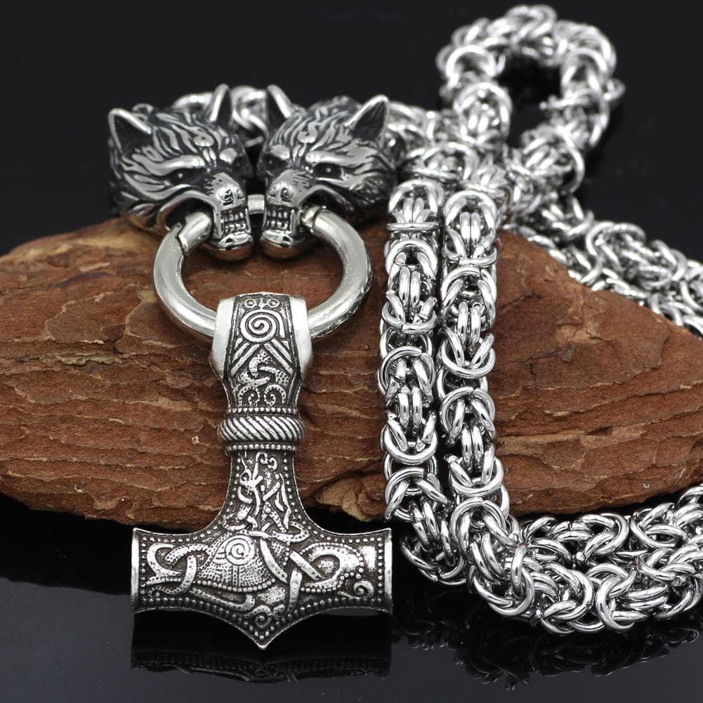 Pendants & Necklaces 60CM / 24 Inches Stainless Steel Wolf Head Chain with Mjolnir Ancient Treasures Ancientreasures Viking Odin Thor Mjolnir Celtic Ancient Egypt Norse Norse Mythology