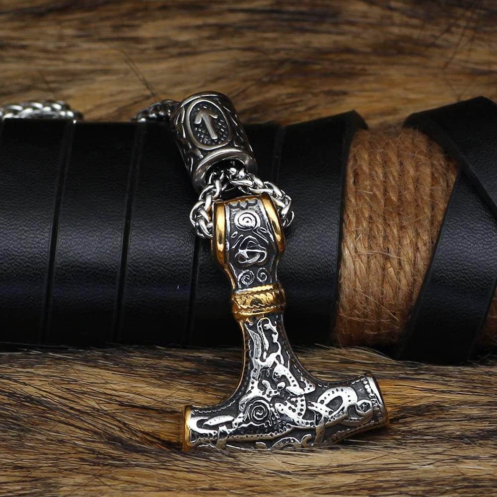 Pendants & Necklaces Gold and Silver Viking Mjolnir Stainless Steel Necklace with Rune Bead Ancient Treasures Ancientreasures Viking Odin Thor Mjolnir Celtic Ancient Egypt Norse Norse Mythology