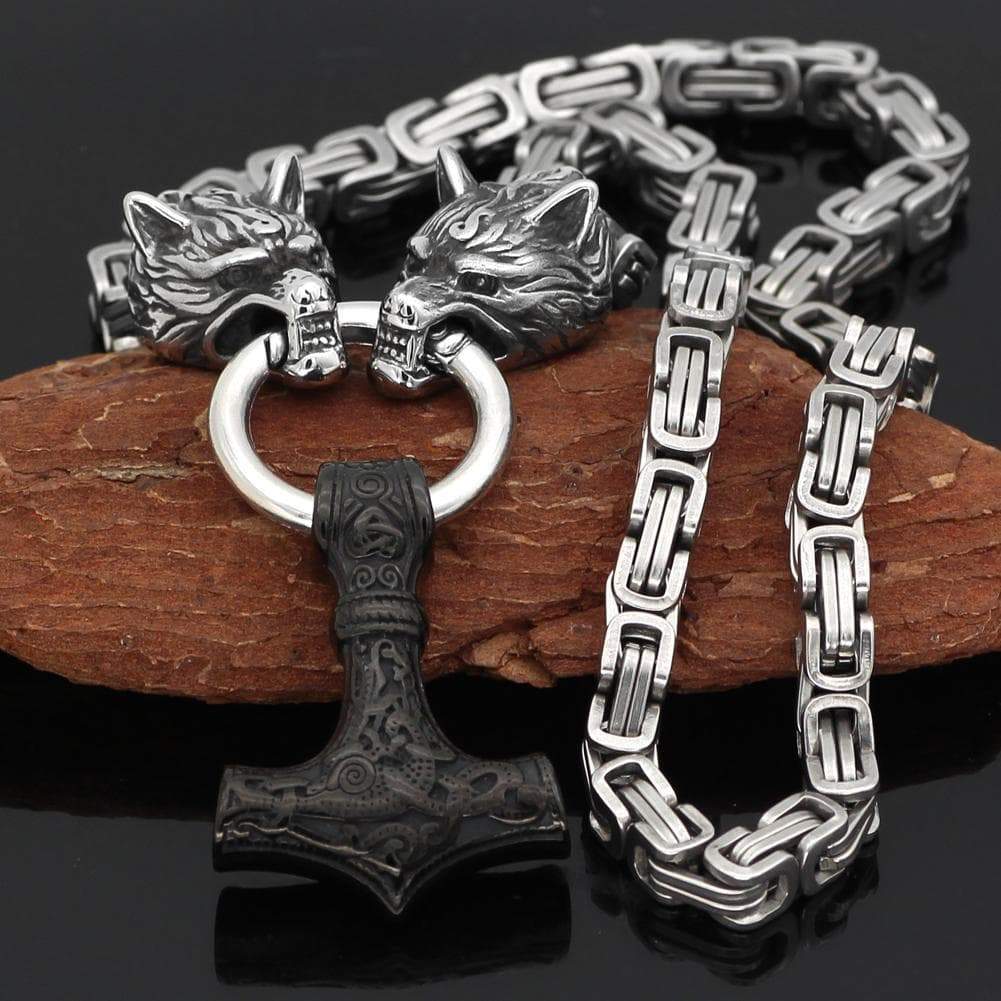 Pendants & Necklaces Massive Stainless Steel Wolf King Chain with Black Mjolnir Ancient Treasures Ancientreasures Viking Odin Thor Mjolnir Celtic Ancient Egypt Norse Norse Mythology