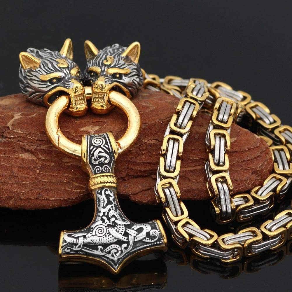 Pendants & Necklaces Massive Stainless Steel Wolf King Chain with Mjolnir Ancient Treasures Ancientreasures Viking Odin Thor Mjolnir Celtic Ancient Egypt Norse Norse Mythology