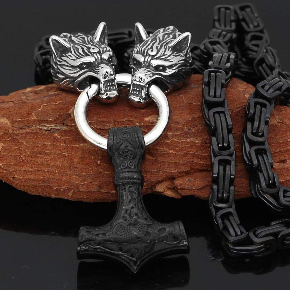 Pendants & Necklaces Stainless Steel Wolf Head Black King Chain with Black Mjolnir Ancient Treasures Ancientreasures Viking Odin Thor Mjolnir Celtic Ancient Egypt Norse Norse Mythology