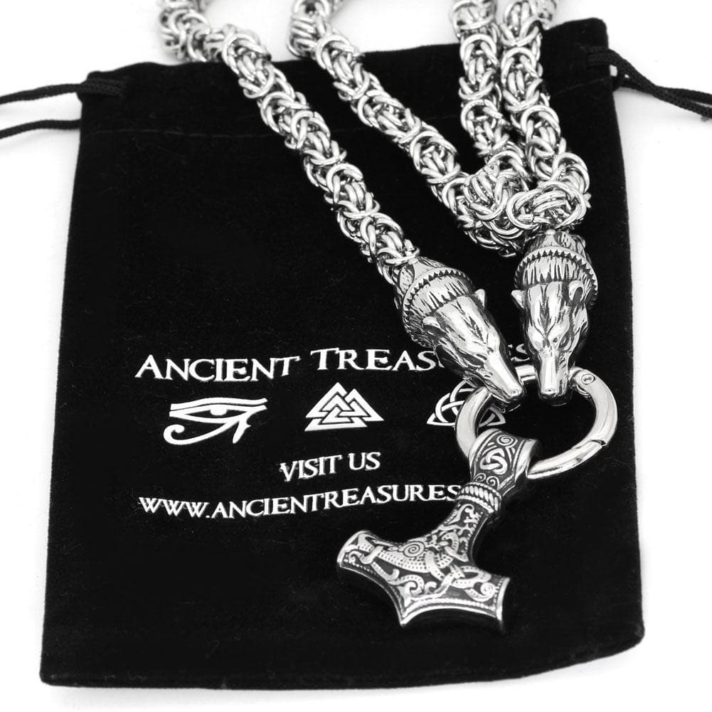 Viking HANDMADE Stainless Steel Massive Viking Geri and Freki Mjolnir Necklace Ancient Treasures Ancientreasures Viking Odin Thor Mjolnir Celtic Ancient Egypt Norse Norse Mythology