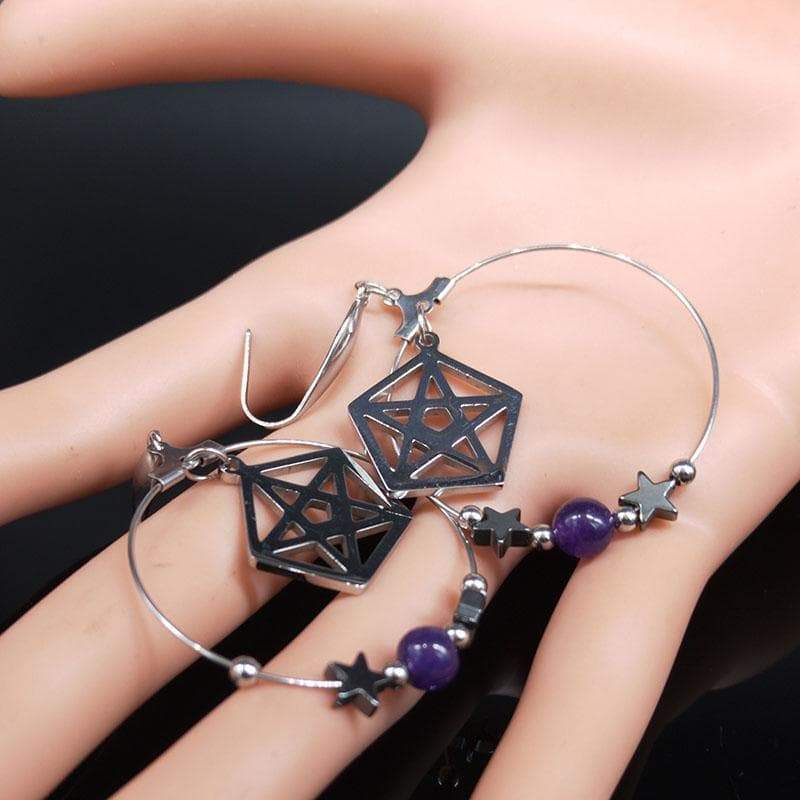 Wiccan Pentagram Stainless Steel and natural Crystal Drop Earrings Ancient Treasures Ancientreasures Viking Odin Thor Mjolnir Celtic Ancient Egypt Norse Norse Mythology
