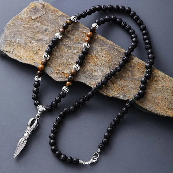 Lava Stone and Tiger Eye Necklace with Tibetan Vajra Pendant