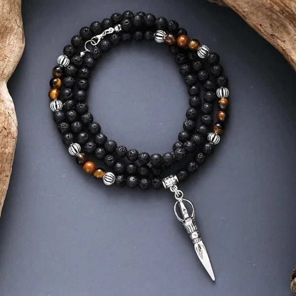 Lava Stone and Tiger Eye Necklace with Tibetan Vajra Pendant