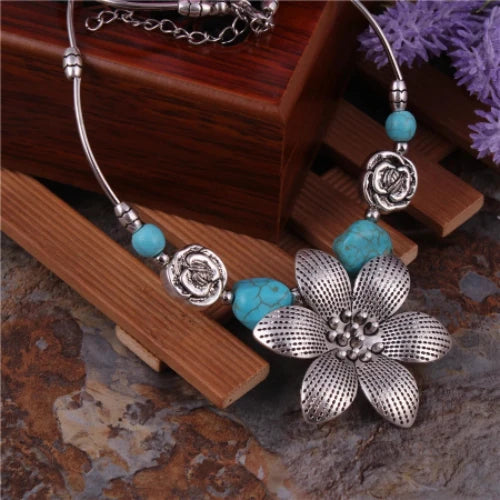 Tibetan-Inspired Floral Silver and Turquoise Beaded Necklace