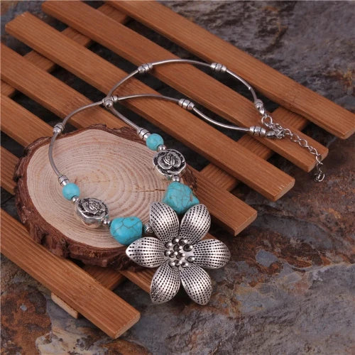 Tibetan-Inspired Floral Silver and Turquoise Beaded Necklace