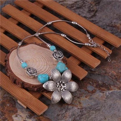 Tibetan-Inspired Floral Silver and Turquoise Beaded Necklace