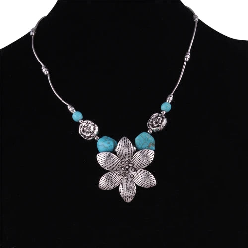 Tibetan-Inspired Floral Silver and Turquoise Beaded Necklace