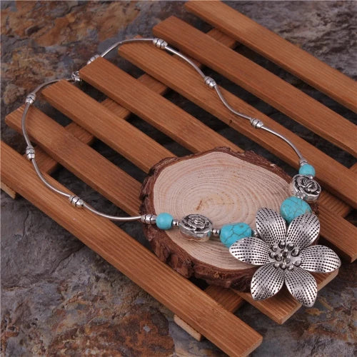 Tibetan-Inspired Floral Silver and Turquoise Beaded Necklace