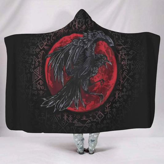 Coral Fleece Viking Huginn & Muninn Hooded Blanket – 3D Printed Cozy Poncho for Adults & Kids