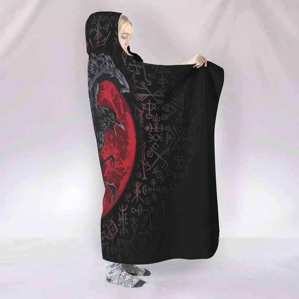 Coral Fleece Viking Huginn & Muninn Hooded Blanket – 3D Printed Cozy Poncho for Adults & Kids