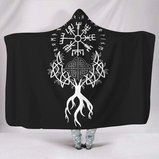 Ethnic Tree of Life & Vegvísir Hooded Blanket – Scandinavian Runes & Viking Yggdrasil Totem Print