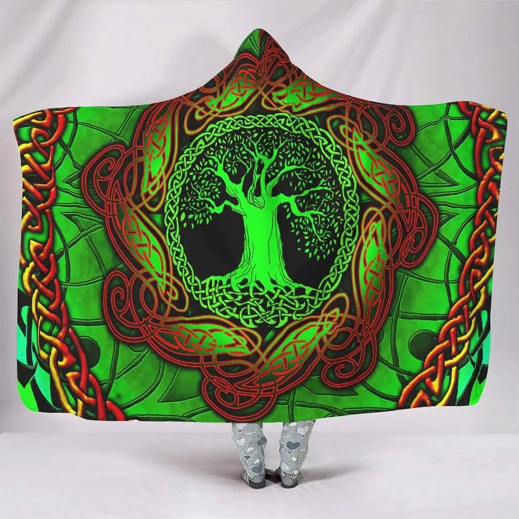 Green Tree of Life Yggdrasil Hooded Blanket – Norse Viking Knotwork Tattoo Print Cozy Cape for Adults