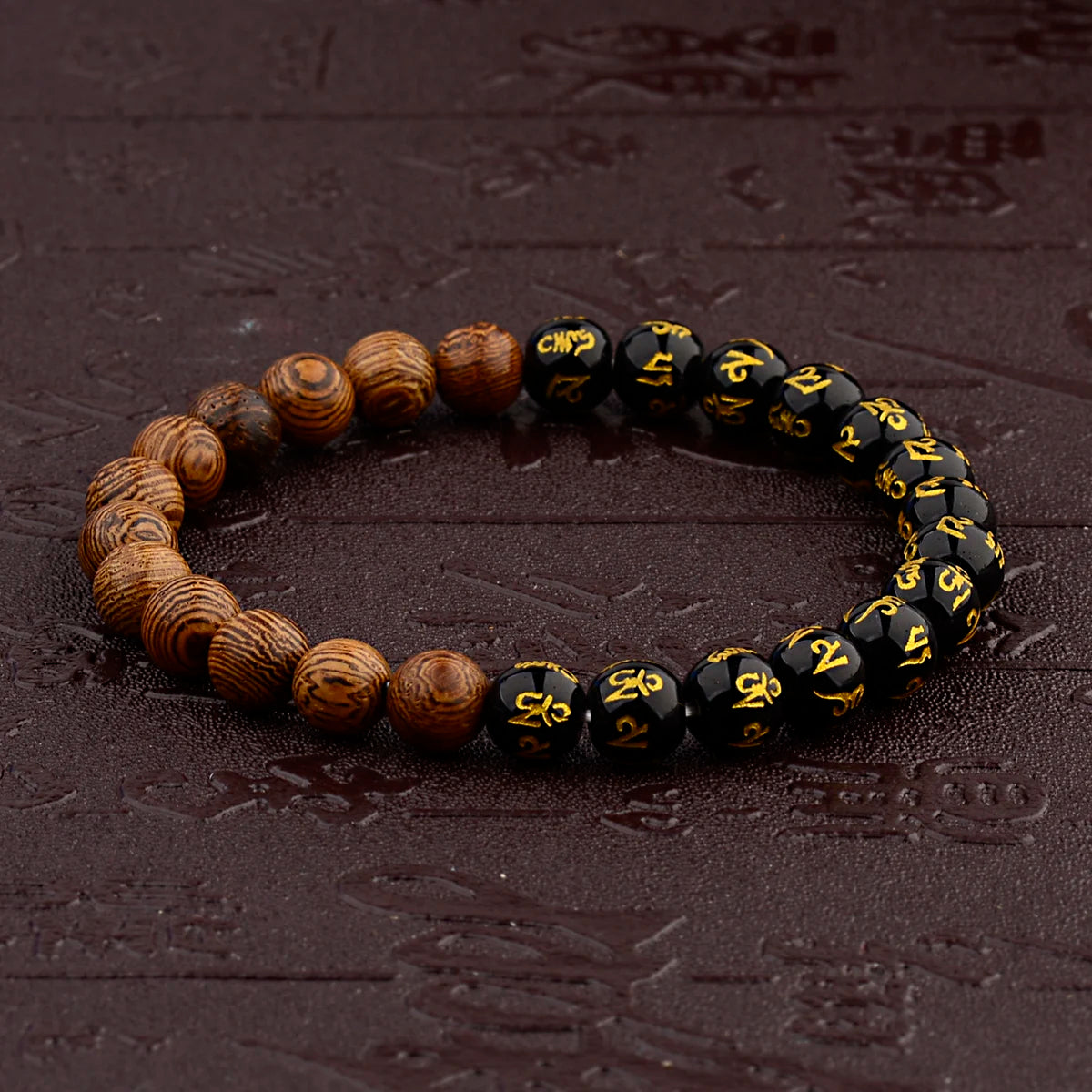 Tibetan Mantra Bracelet – Black & Wood Beads