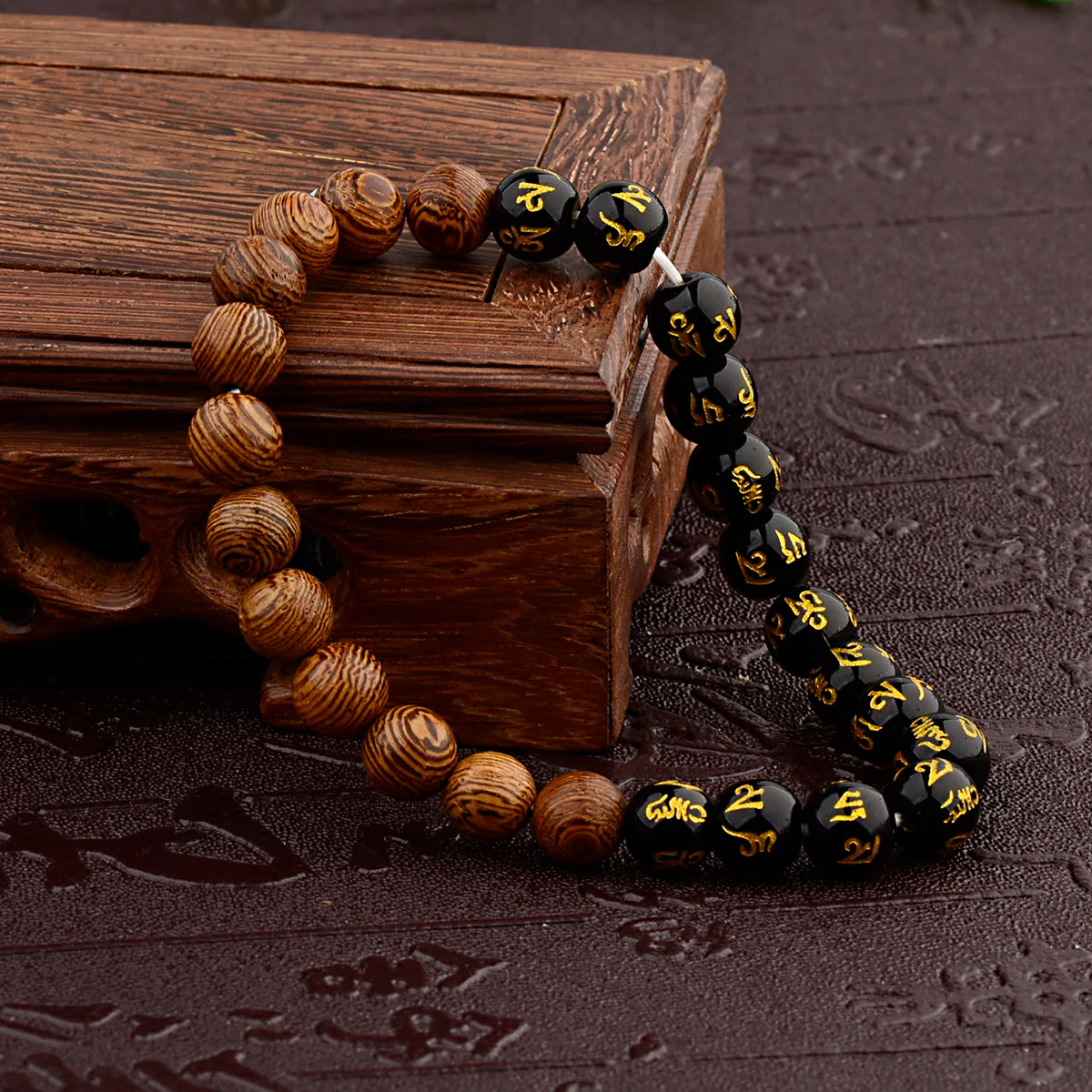 Tibetan Mantra Bracelet – Black & Wood Beads