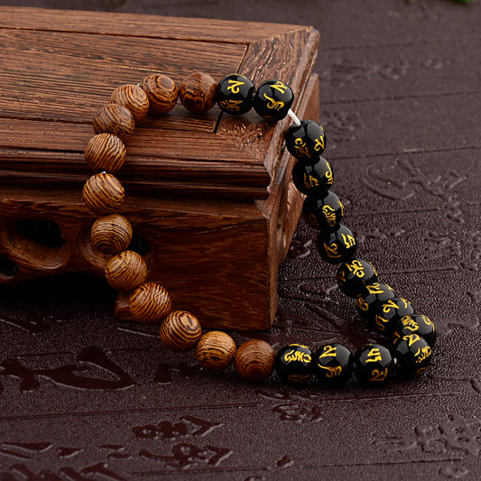 Tibetan Mantra Bracelet – Black & Wood Beads
