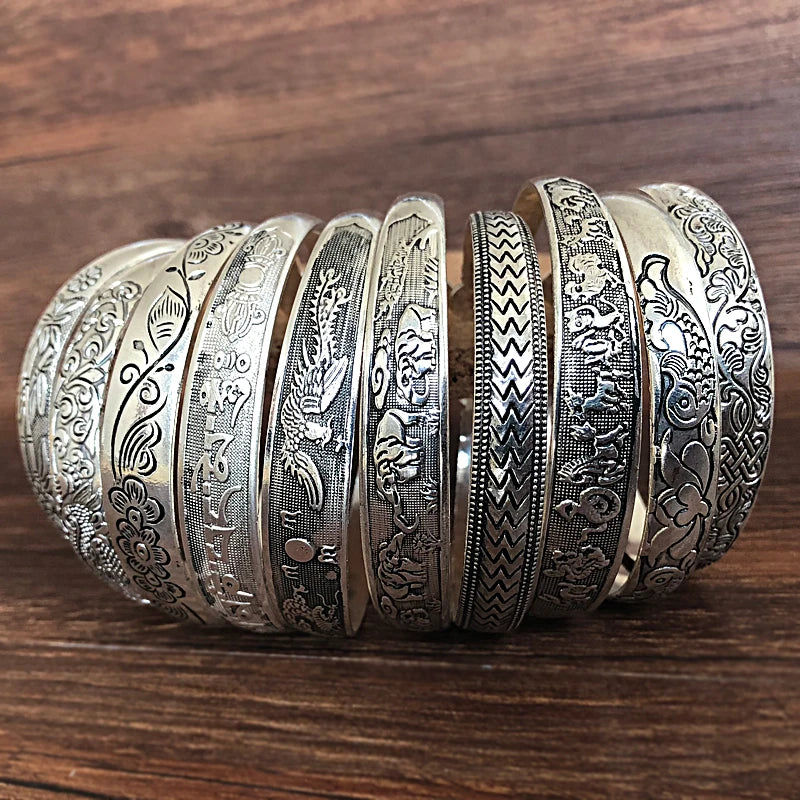 Tibetan Silver Metal Carving Cuff Bracelet