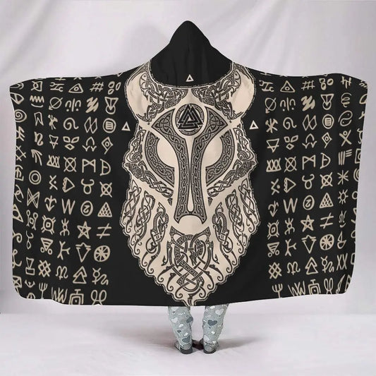 Norse Viking Fenrir Wolf & Valknut Hooded Blanket – Dragon Knot Totem Print Cozy Fleece Cape Poncho