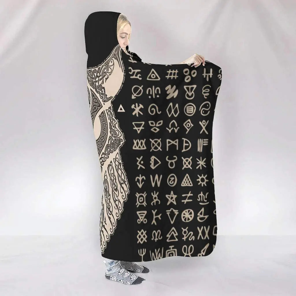 Norse Viking Fenrir Wolf & Valknut Hooded Blanket – Dragon Knot Totem Print Cozy Fleece Cape Poncho