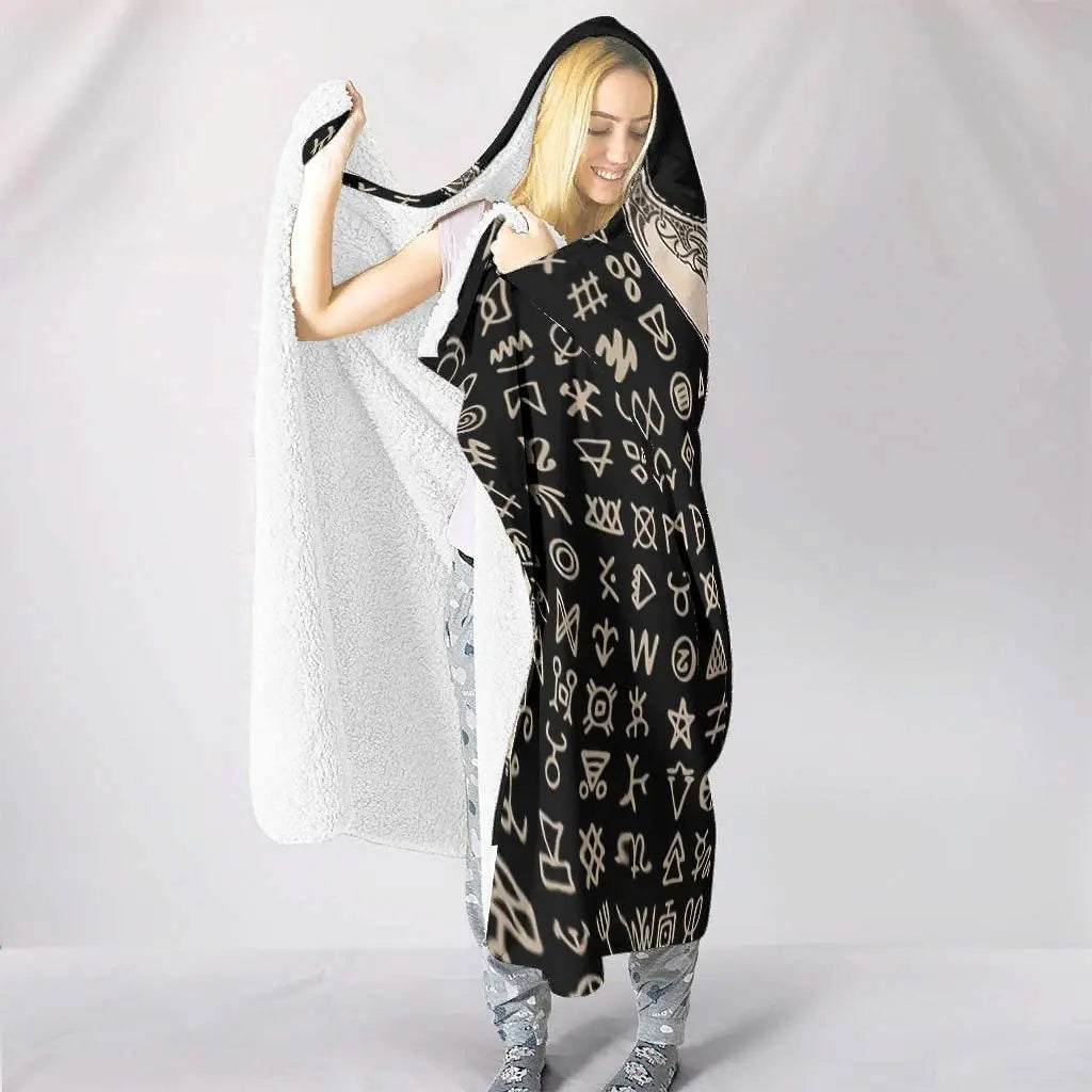 Norse Viking Fenrir Wolf & Valknut Hooded Blanket – Dragon Knot Totem Print Cozy Fleece Cape Poncho