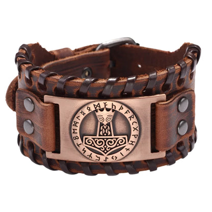 Viking Rune Hammer Wide Leather Bracelet