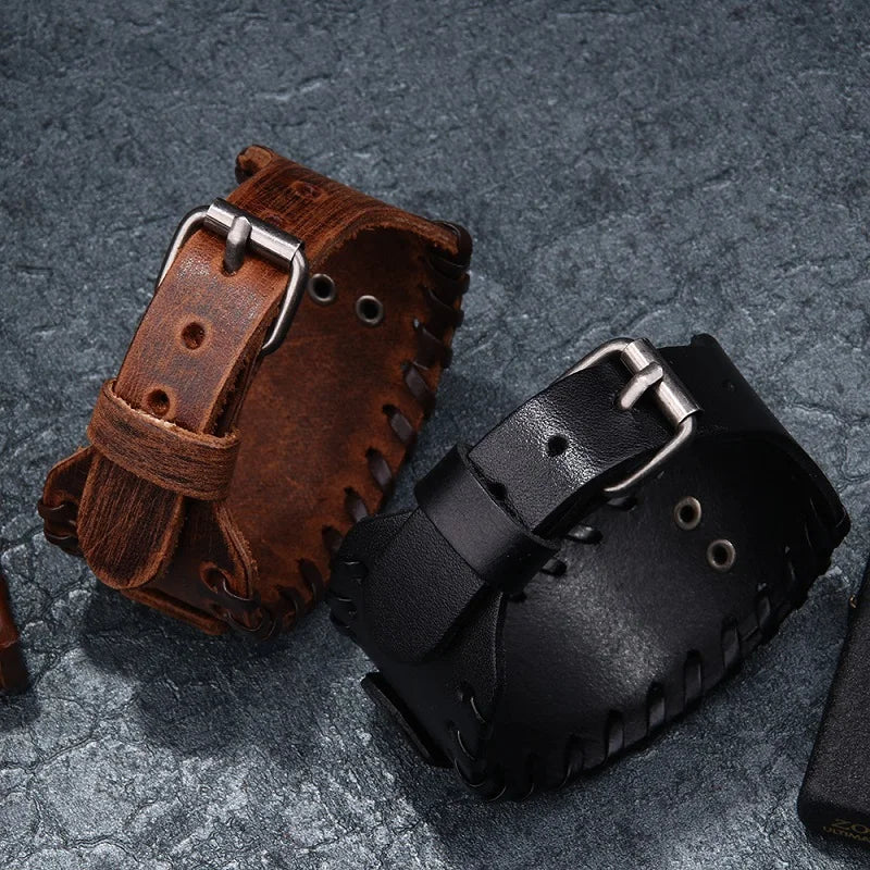 Viking Rune Hammer Wide Leather Bracelet