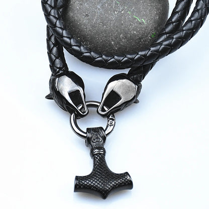 Thor’s Hammer Mjölnir Pendant with Wolf Head Rune Bracelet