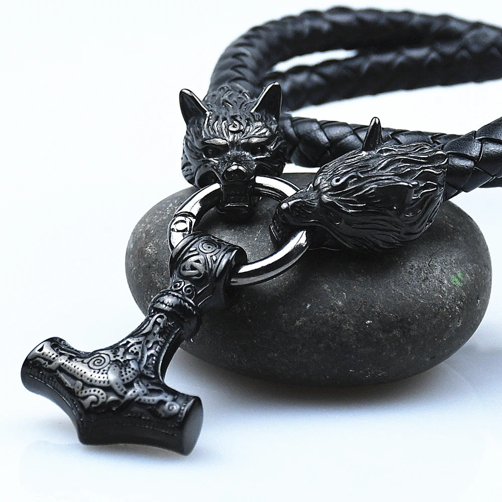 Thor’s Hammer Mjölnir Pendant with Wolf Head Rune Bracelet