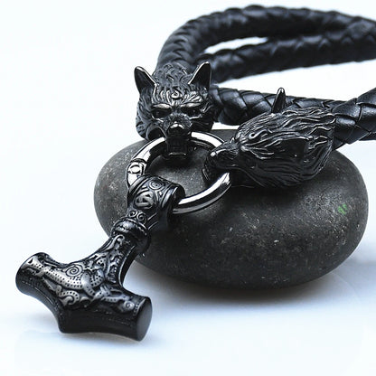 Thor’s Hammer Mjölnir Pendant with Wolf Head Rune Bracelet