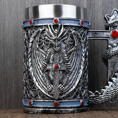 Viking Silver Dragon Tankard Obsidian Beer Mug