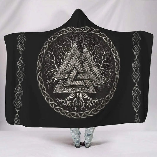 Viking Valknut & Tree of Life Hooded Throw Blanket – Fluffy, Warm, Wearable Snuggle Blanket for Adults & Kids in White