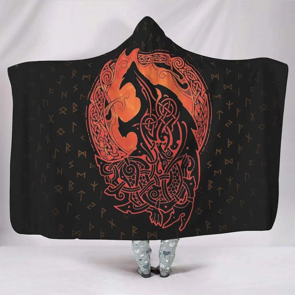 Viking Wolf Fenrir Hooded Blanket Cape – Ethnic Knotwork Fleece Throw Cloak with Hood