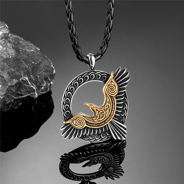 Home Gold Leather / 60CM viking raven pendant stainless steel necklace Ancient Treasures Ancientreasures Viking Odin Thor Mjolnir Celtic Ancient Egypt Norse Norse Mythology