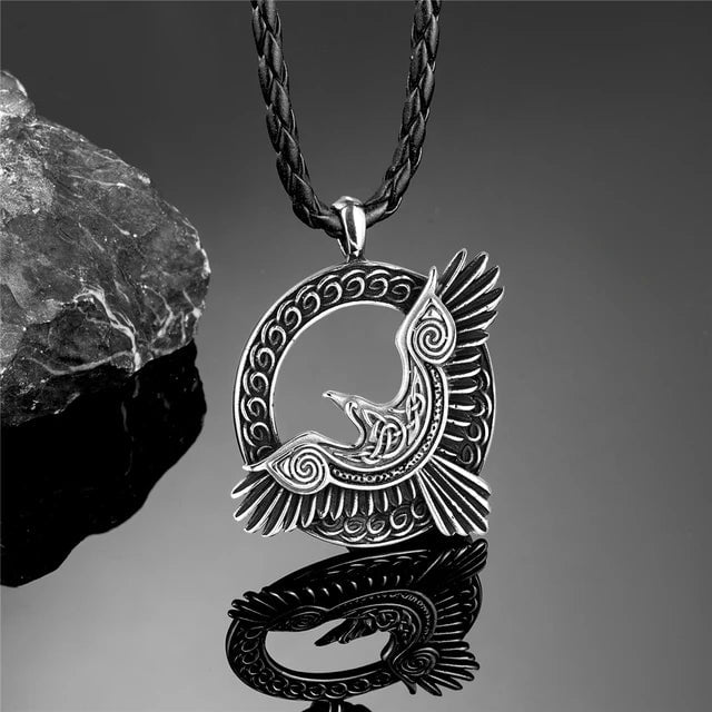 Home Steel Leather / 60CM viking raven pendant stainless steel necklace Ancient Treasures Ancientreasures Viking Odin Thor Mjolnir Celtic Ancient Egypt Norse Norse Mythology