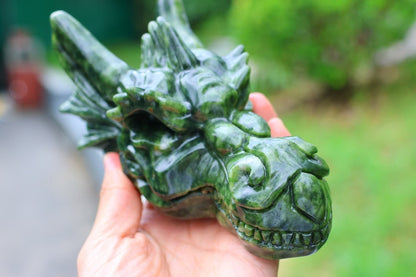 6.2" Natural Jade Dragon Skull Handmade Crystal Sculpture