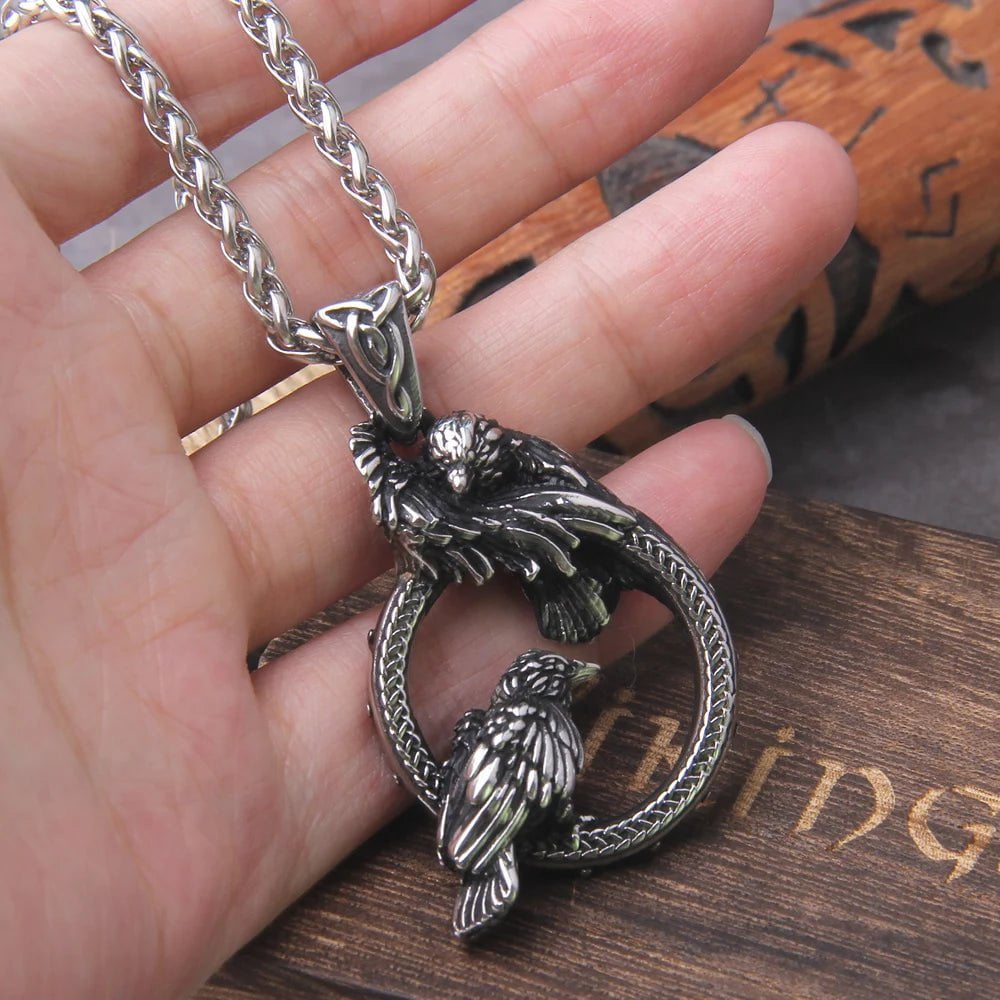 Nordic mythology Odin Huginn and Muninn pendant necklace viking Raven necklace stainless steel never fade with wooden box Ancient Treasures Ancientreasures Viking Odin Thor Mjolnir Celtic Ancient Egypt Norse Norse Mythology