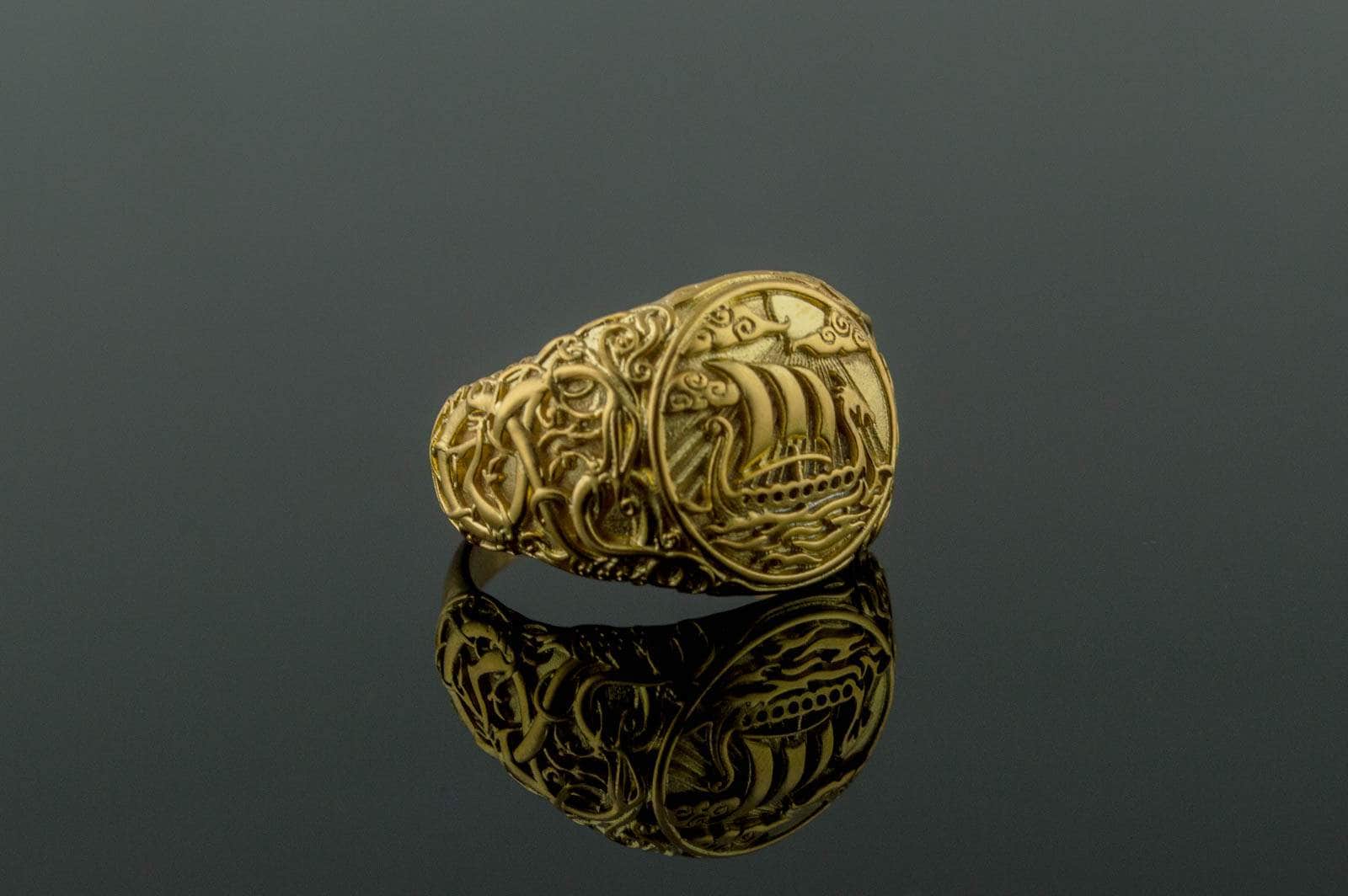 Rings Drakkar Symbol Ring with Urnes Style Gold Viking Jewelry Ancient Treasures Ancientreasures Viking Odin Thor Mjolnir Celtic Ancient Egypt Norse Norse Mythology