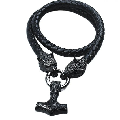 Thor’s Hammer Mjölnir Pendant with Wolf Head Rune Bracelet