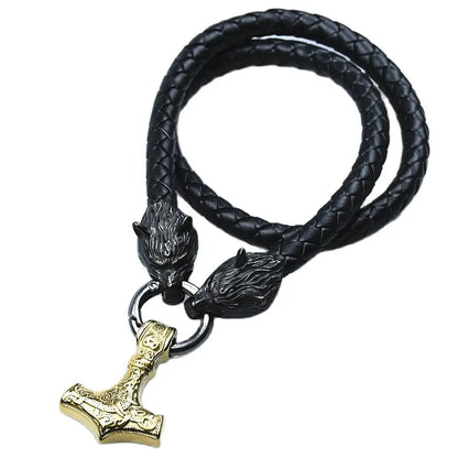 Thor’s Hammer Mjölnir Pendant with Wolf Head Rune Bracelet