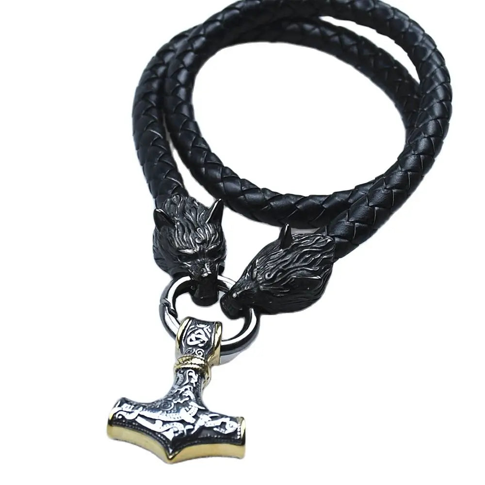 Thor’s Hammer Mjölnir Pendant with Wolf Head Rune Bracelet