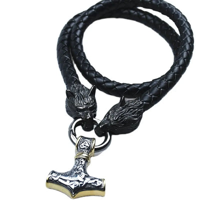 Thor’s Hammer Mjölnir Pendant with Wolf Head Rune Bracelet