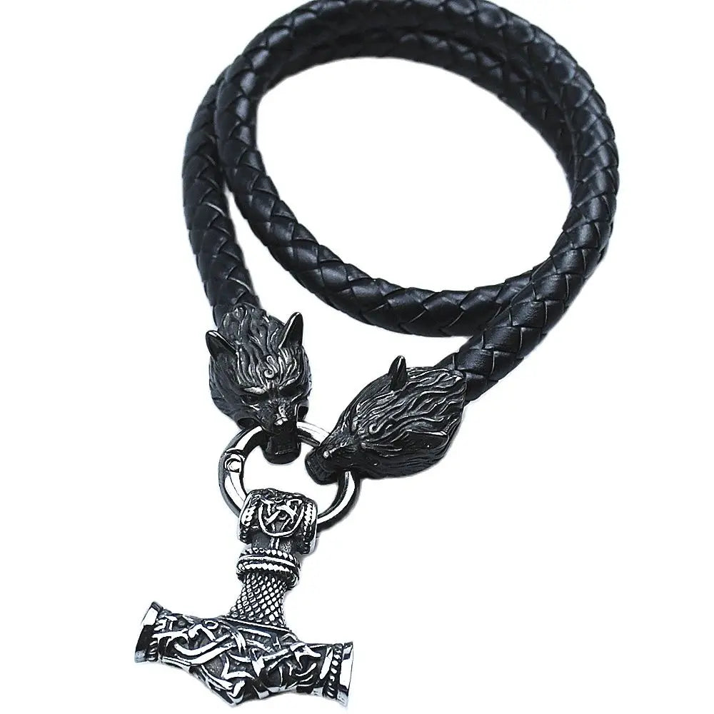 Thor’s Hammer Mjölnir Pendant with Wolf Head Rune Bracelet