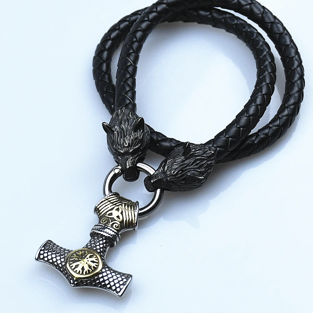 Thor’s Hammer Mjölnir Pendant with Wolf Head Rune Bracelet
