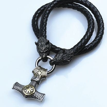 Thor’s Hammer Mjölnir Pendant with Wolf Head Rune Bracelet